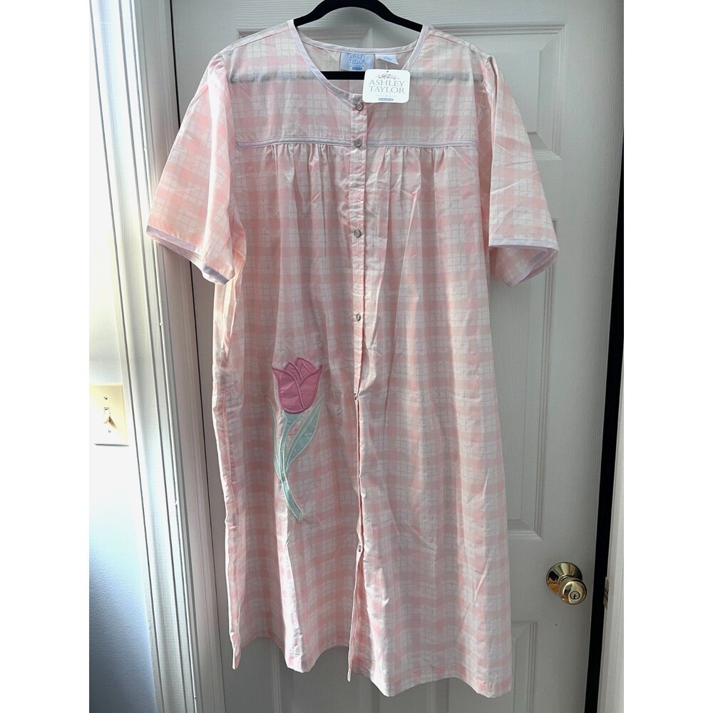 Ashley Taylor Sleepwear House Coat Dress Robe Snap Front Pastel Check 3XL